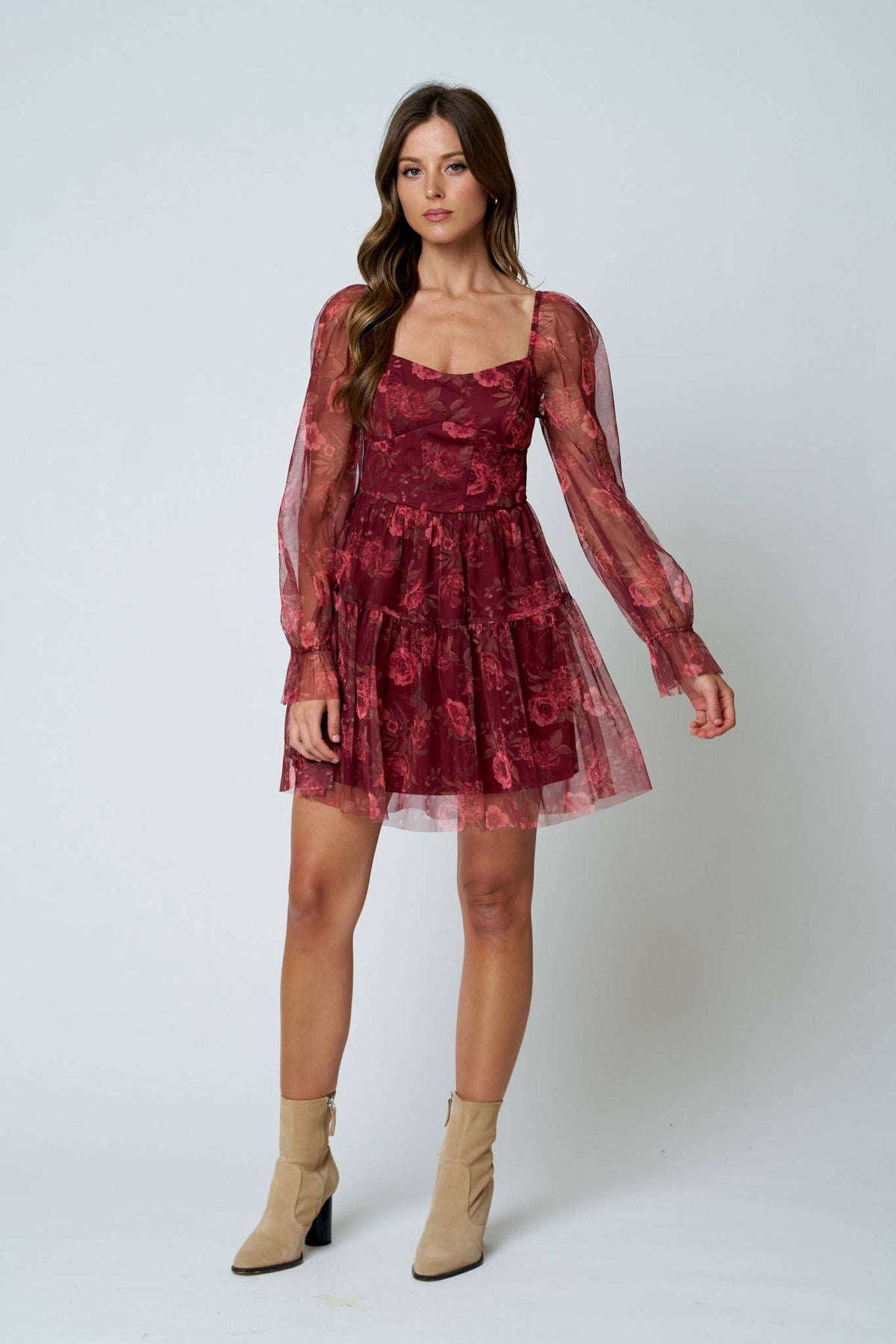 FLORAL CHIFFON LONG SLEEVE CORSET MINI DRESS: BURGUNDY MULTI