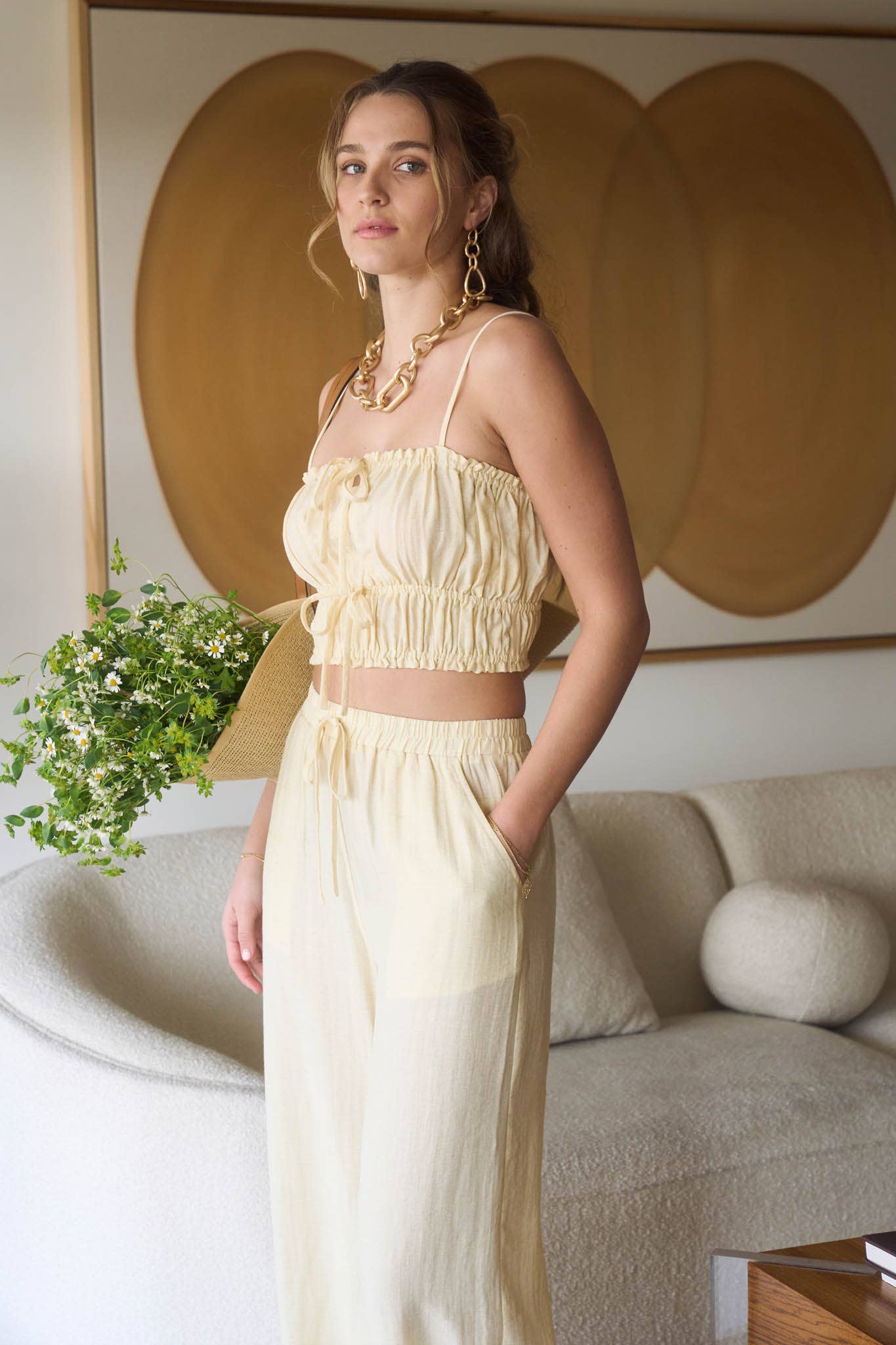 FRONT TIE CROPPED CAMI TOP AND WIDE LEG PANT SET: LIGHT YELLOW