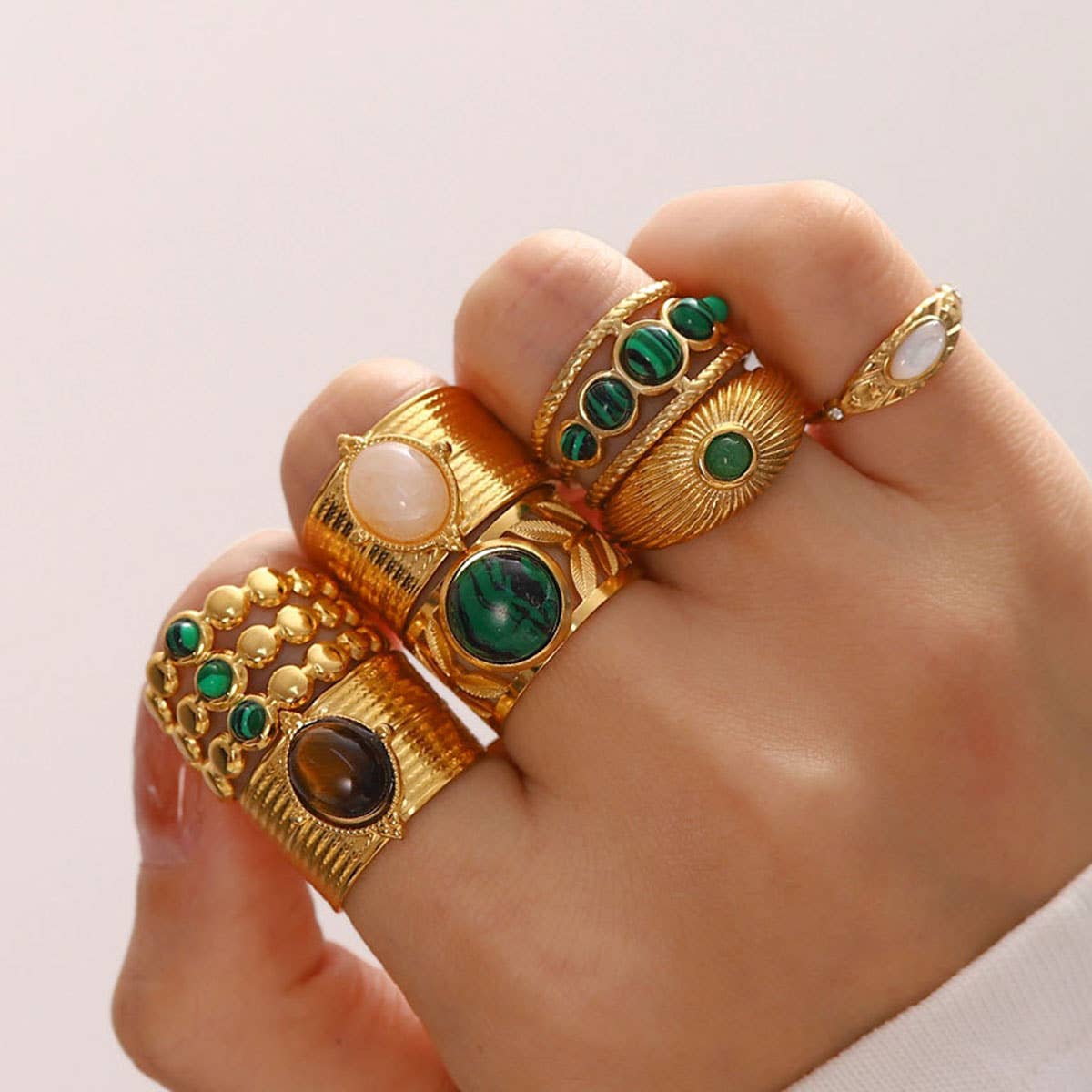 GOLD STAINLESS STEEL INLAID NATURAL STONE RINGS_CWAJE0611: TYPE1 / (OS) 3