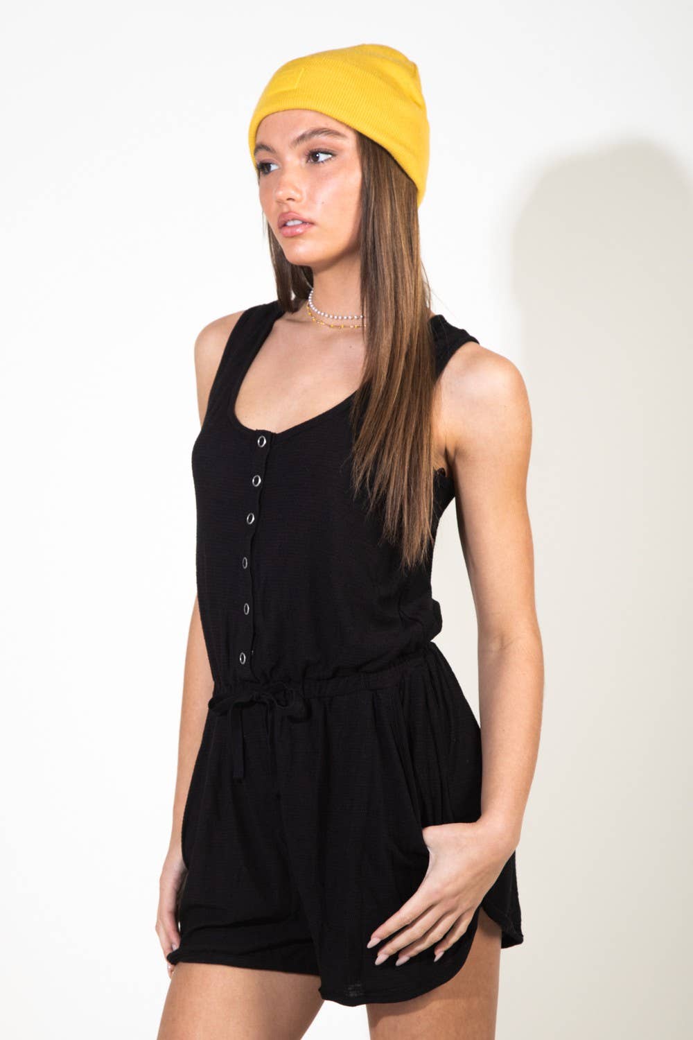 NP70002-Metal snap button down romper: MOCHA / S-M-L/2-2-2