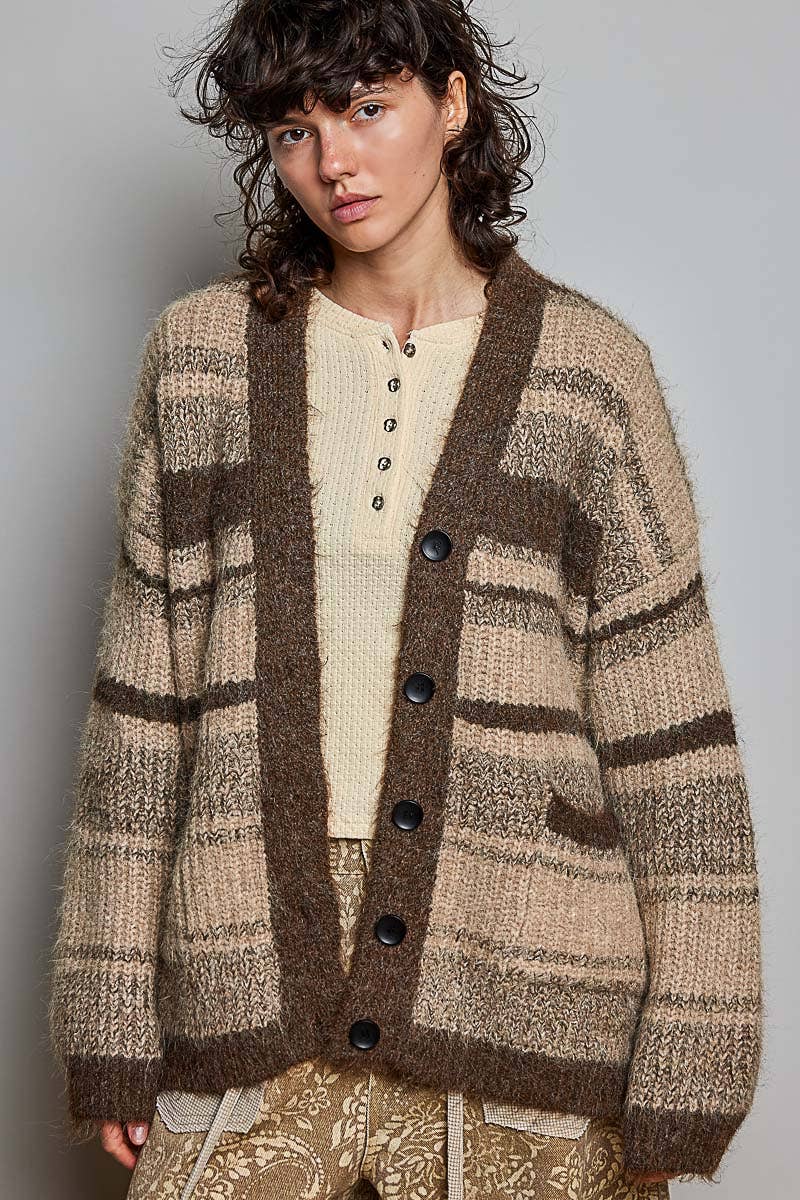 Striped Knit Oversized V-Neck Button Pockets Cardigan SALE: BLACK MULTI / OS
