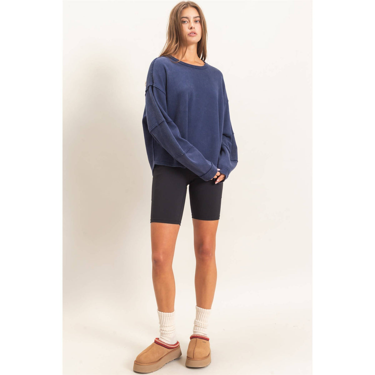 Mineral Wash Overzised Raw Edge Crew Neck Top: DARK RED / S-M-L(2-2-2)