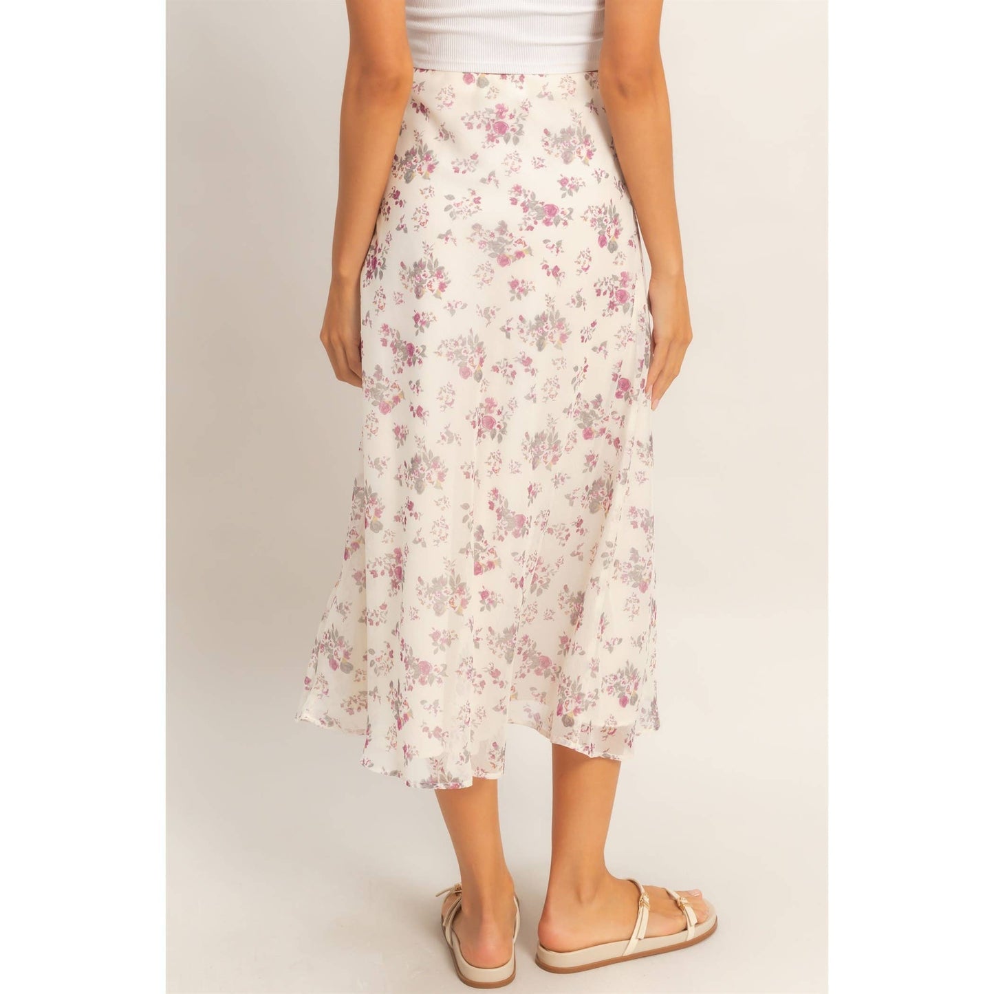 Floral Print Bias Skirt: BROWN / S-M-L(2-2-2)