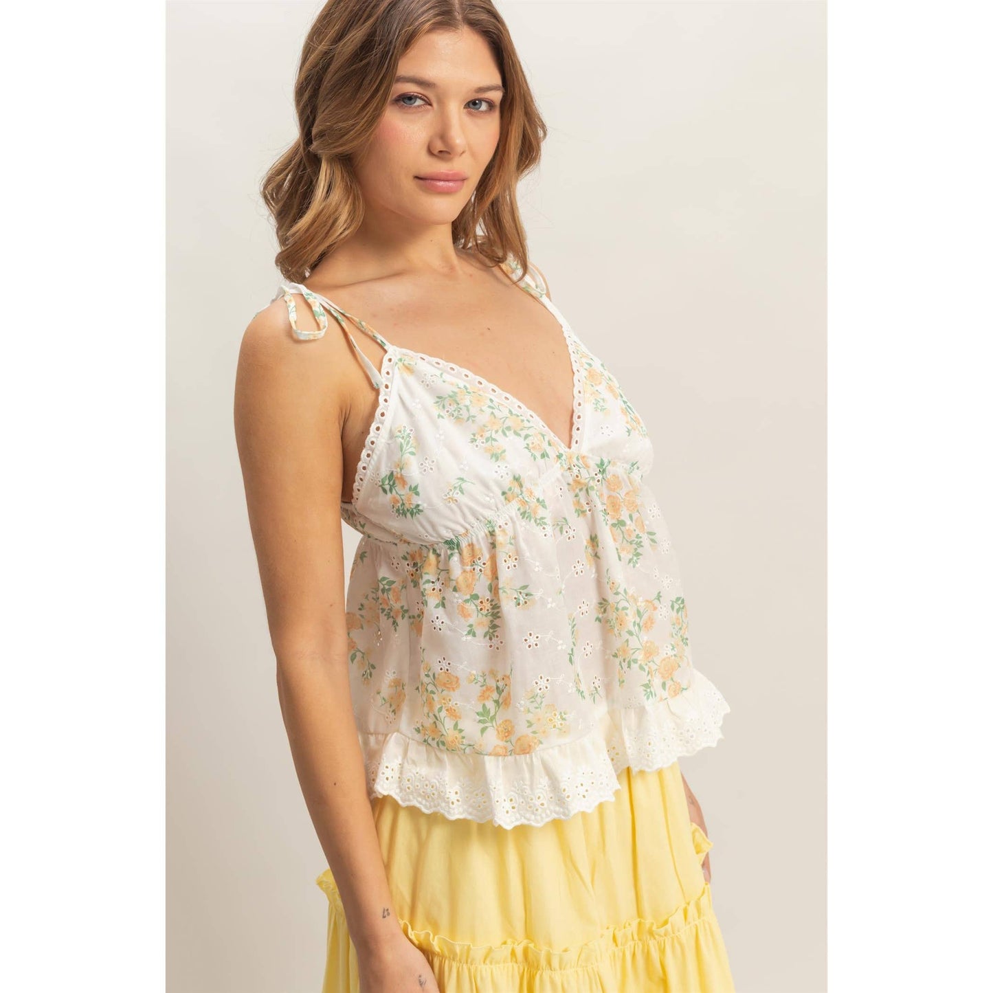 Floral Lace Trim Camisole: YELLOW / S-M-L(2-2-2)