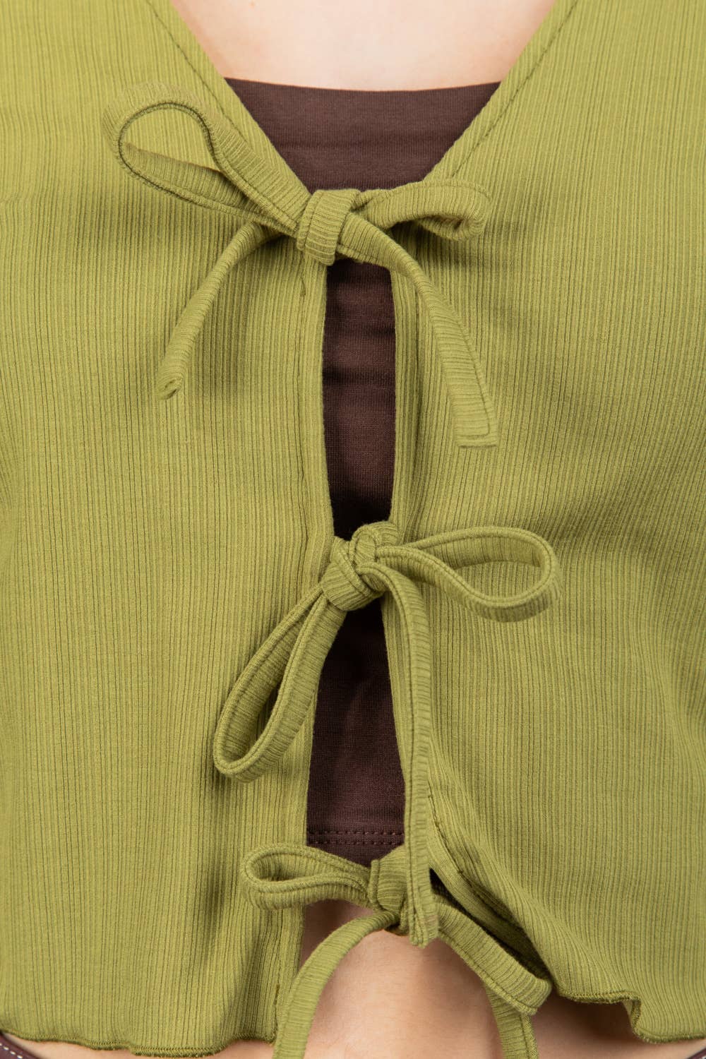 VT15148-3-Strap Tie V Neck Crop Top: AVOCADO / S-M-L/2-2-2