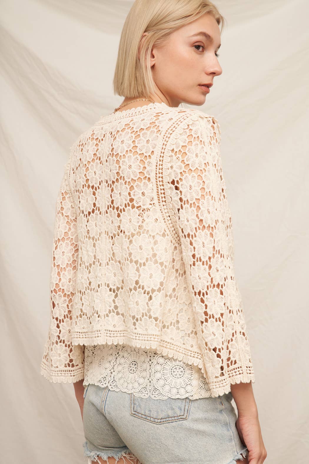 Floral Crochet Tie Front Cardigan: Natural / S/M