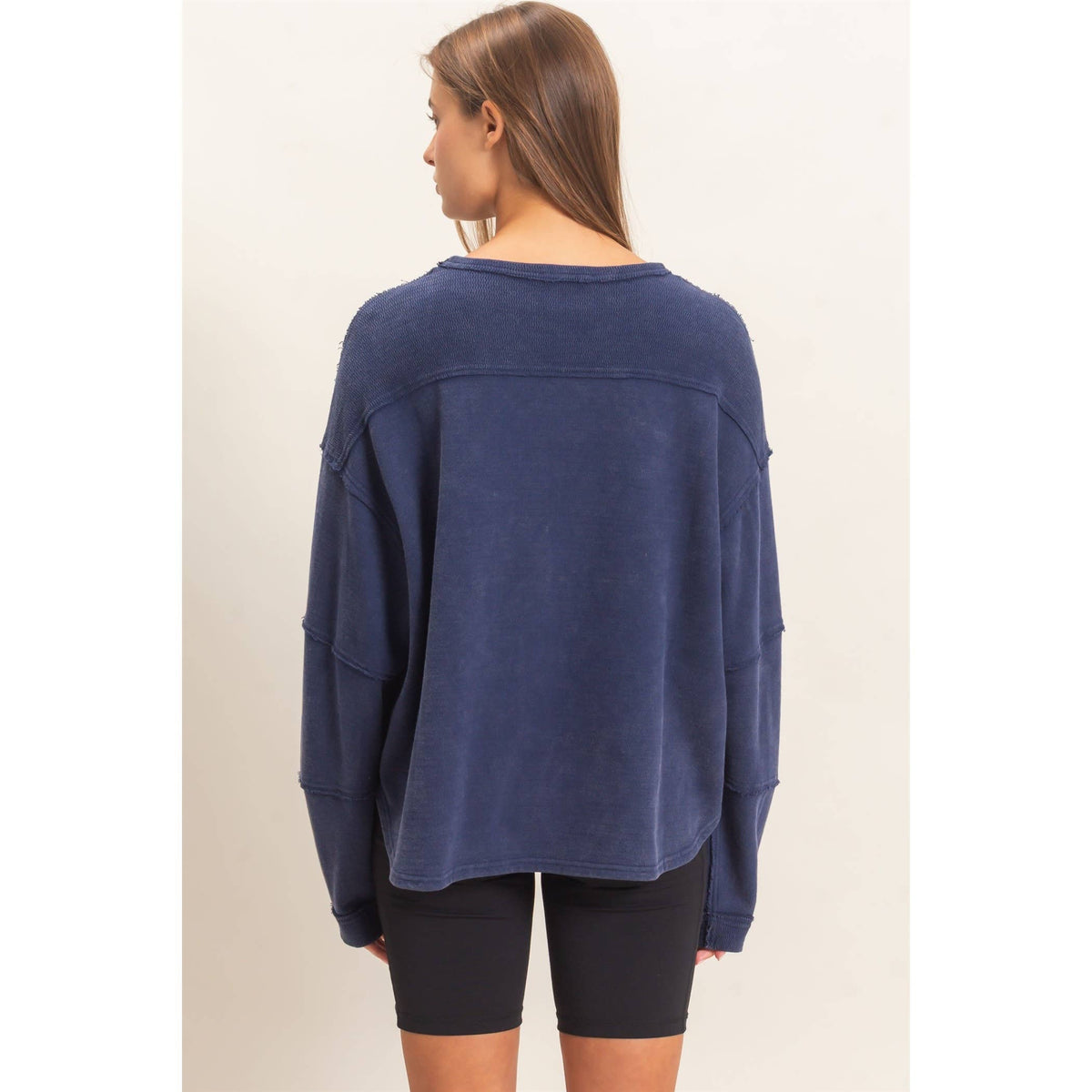 Mineral Wash Overzised Raw Edge Crew Neck Top: DARK RED / S-M-L(2-2-2)