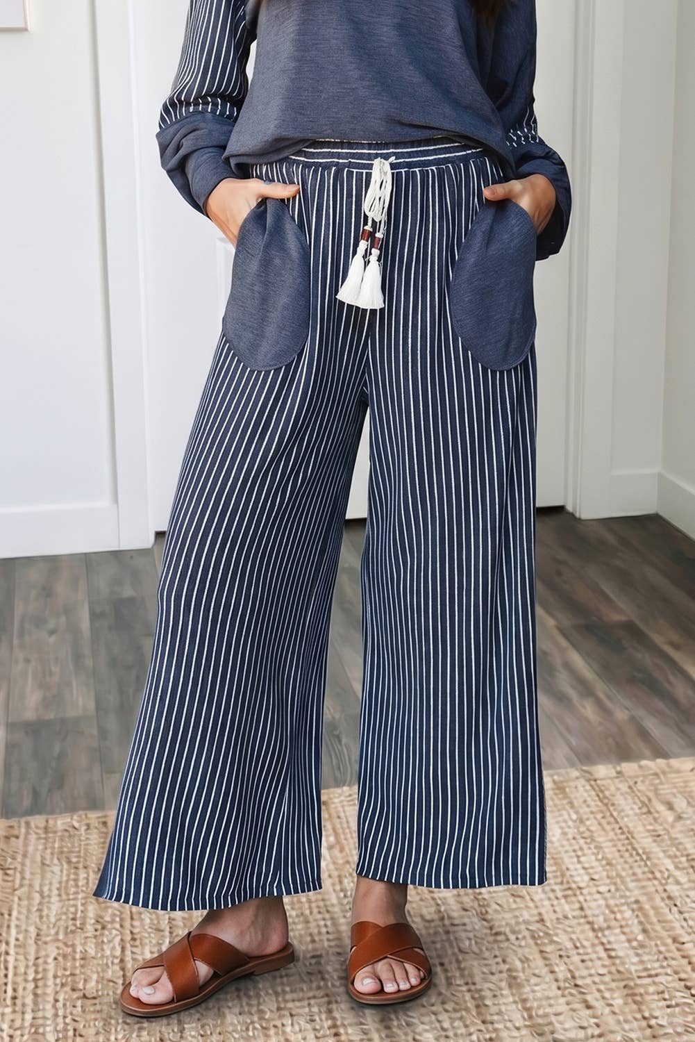 66 Striped Contrast High Waist Plus Size Pants Set (S-4X): Green / XL