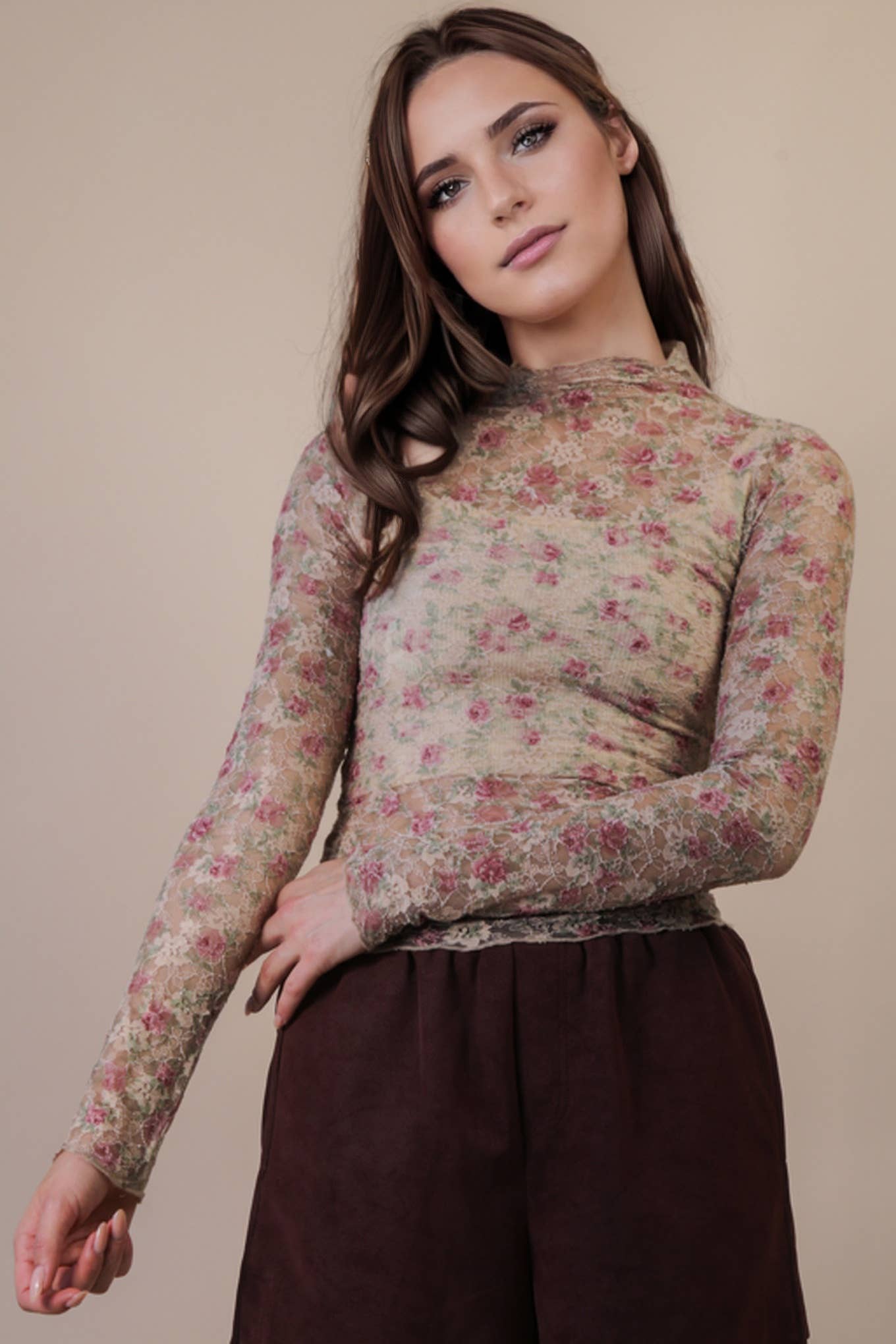 NT12220-High Neck Fitted Sheer Mesh Lace Knit Top: FOREST / S-M-L/2-2-2