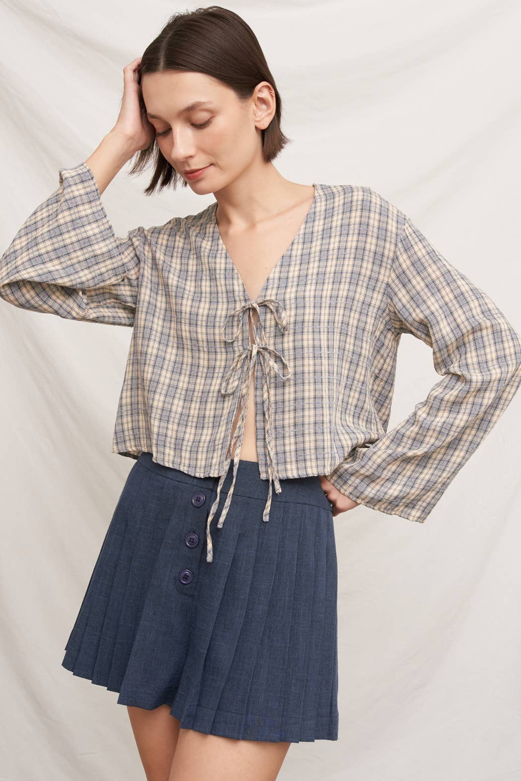 Tie Front Long Sleeve Plaid Blouse: Blue / S