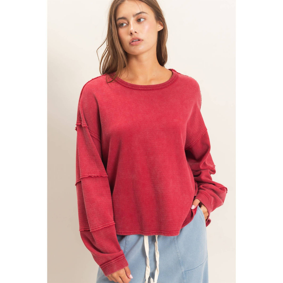 Mineral Wash Overzised Raw Edge Crew Neck Top: DARK RED / S-M-L(2-2-2)