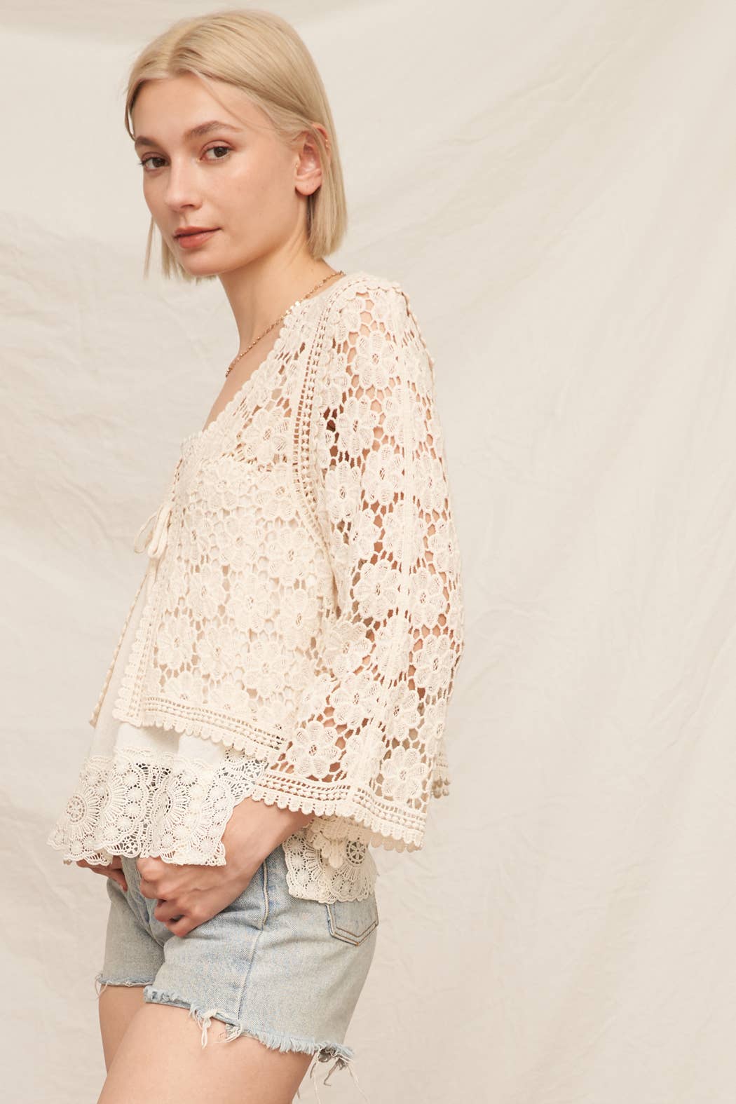 Floral Crochet Tie Front Cardigan: Natural / S/M