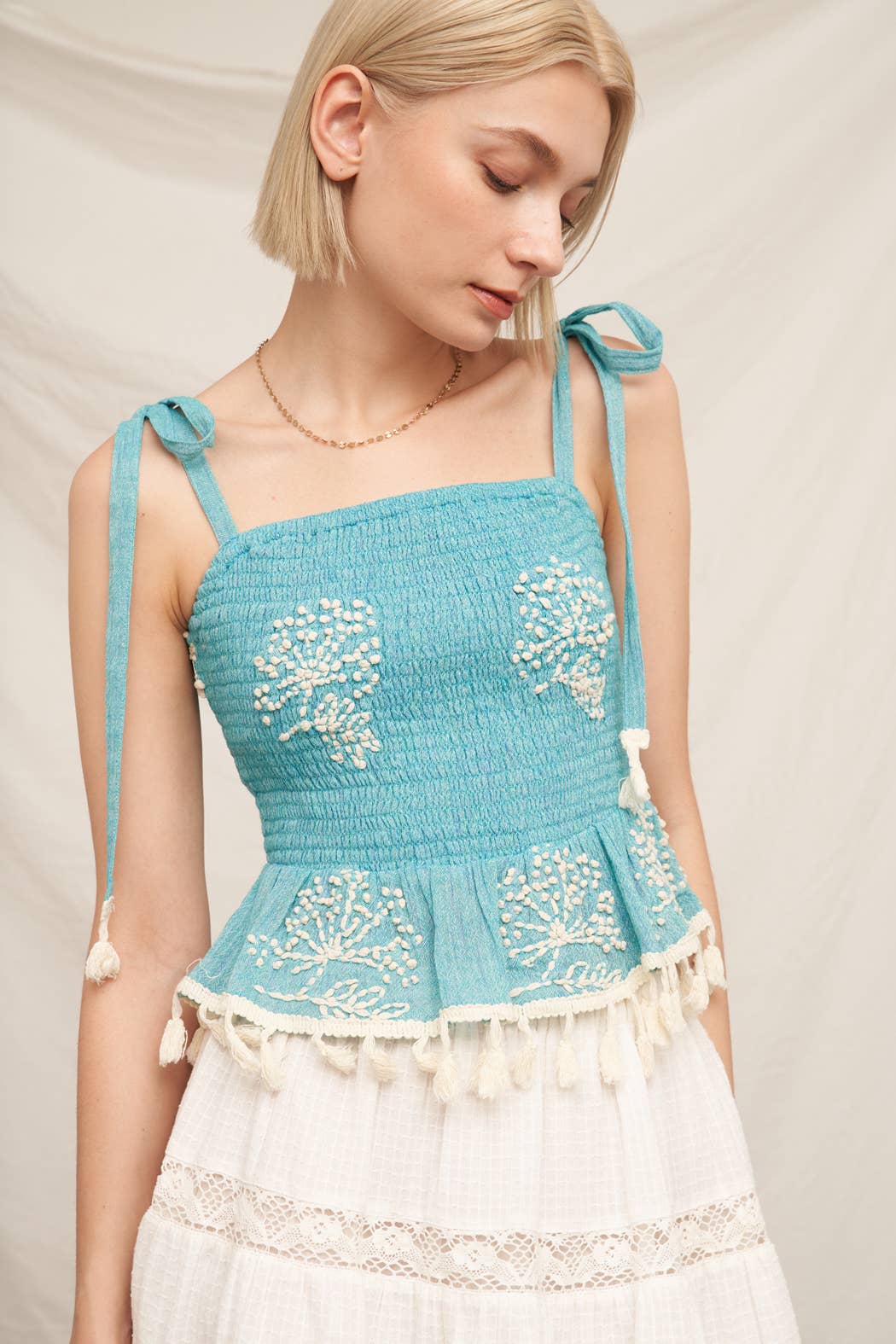 Adjustable Shoulder Tie Smocked Top: Mint Ivory / L