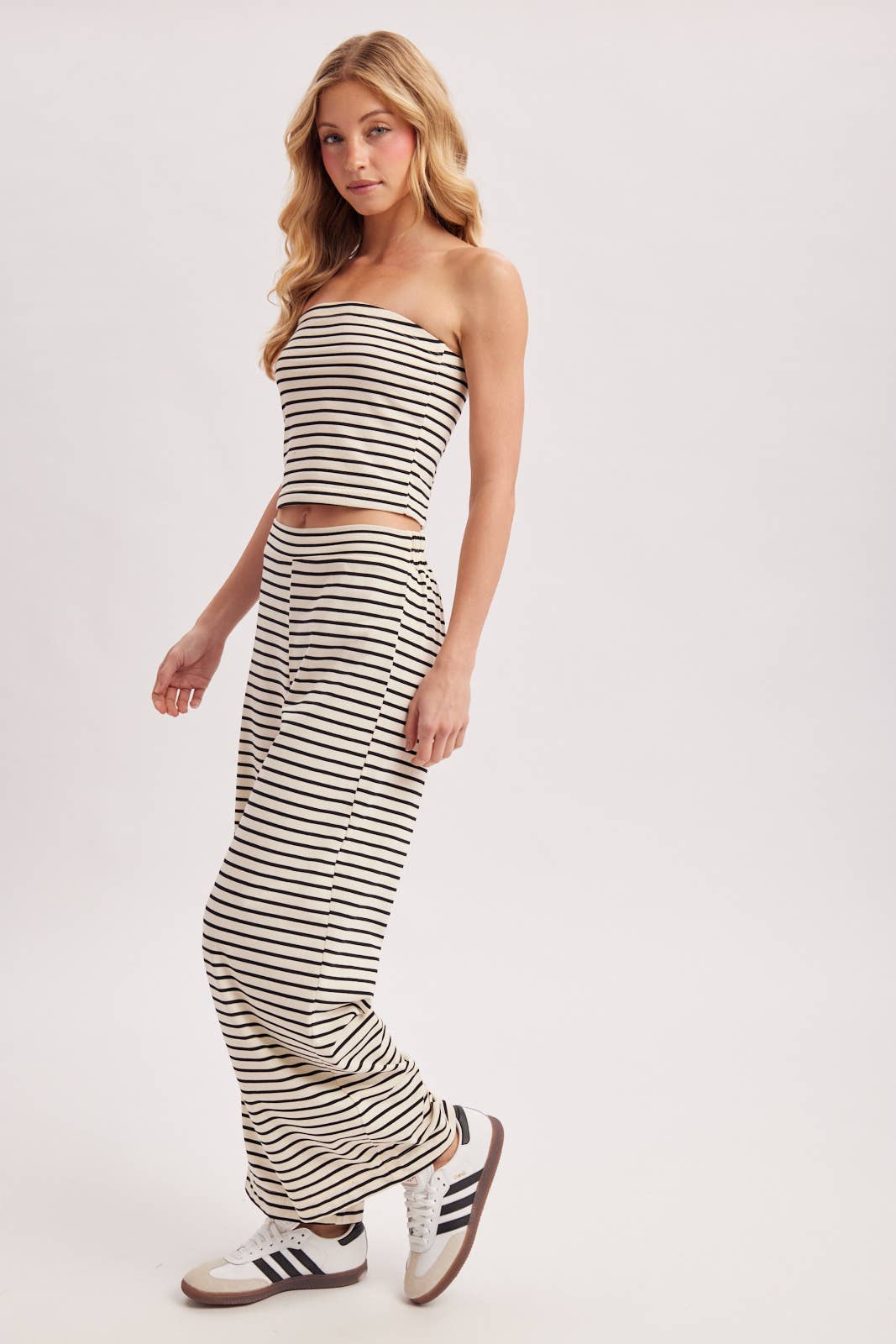 STRIPED KNIT TUBE AND WIDE PANTS SET: MOCHA COMBO / M