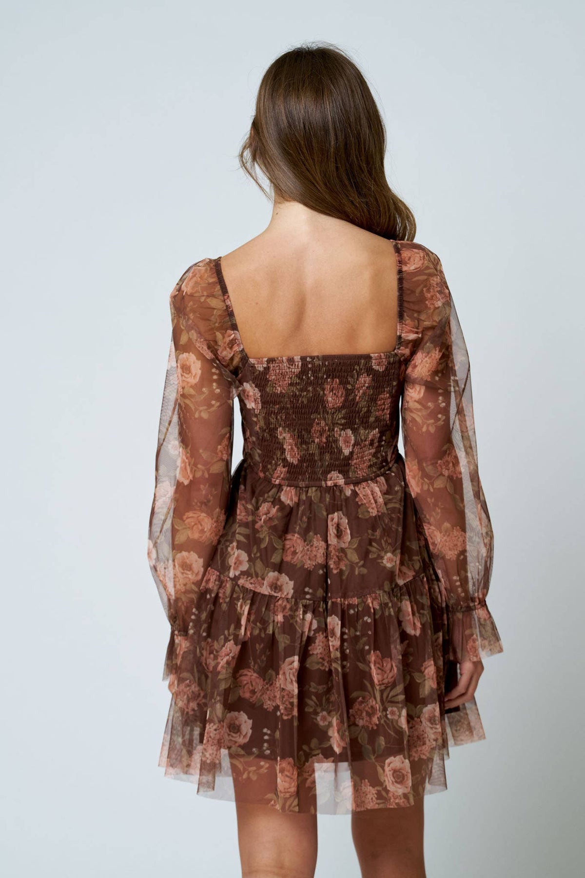 FLORAL CHIFFON LONG SLEEVE CORSET MINI DRESS: BURGUNDY MULTI