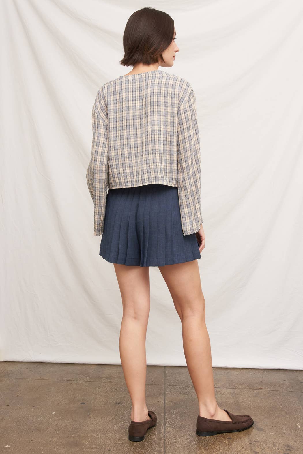 Tie Front Long Sleeve Plaid Blouse: Blue / M