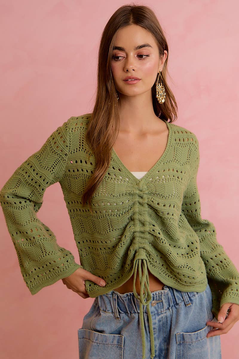 POINTELLE KNIT V NECK RUCHED FRONT LIGHTWEIGHT TOP: IVORY / L