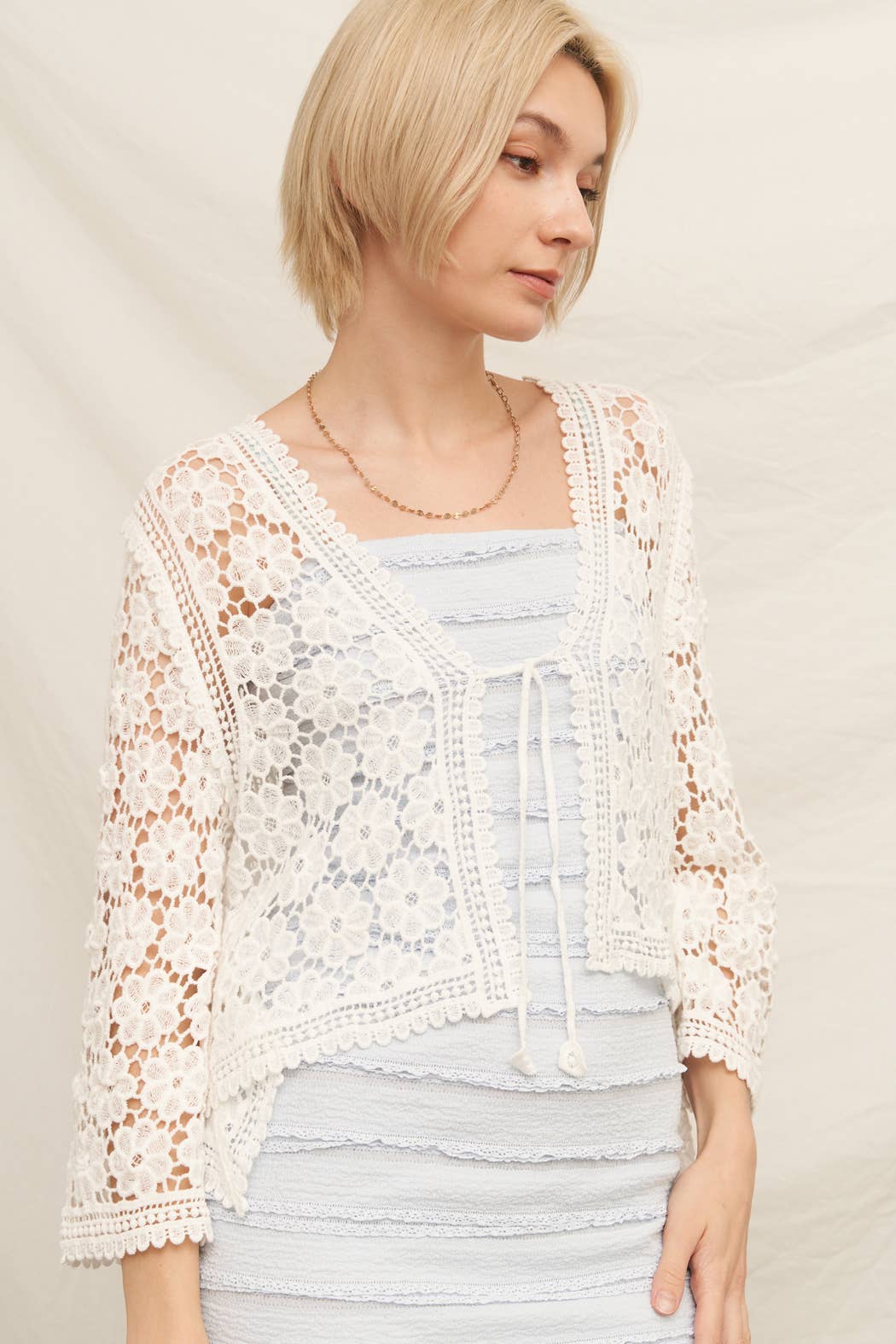 Floral Crochet Tie Front Cardigan: Natural / S/M
