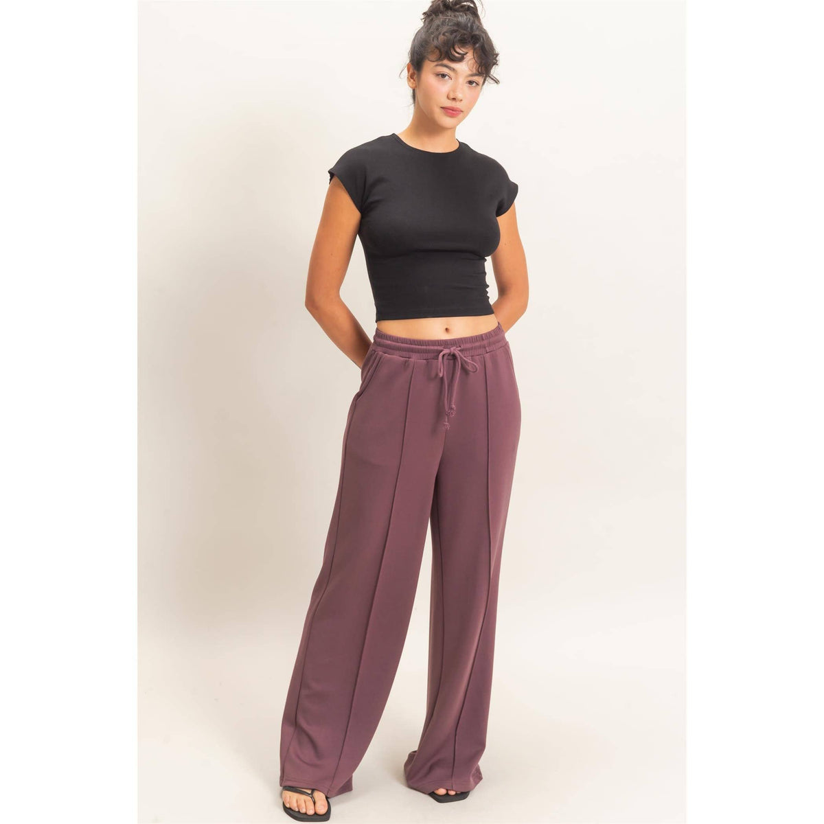 Drawstring Waist Pintuck Wide Leg Pants: COCOA / S-M-L(2-2-2)