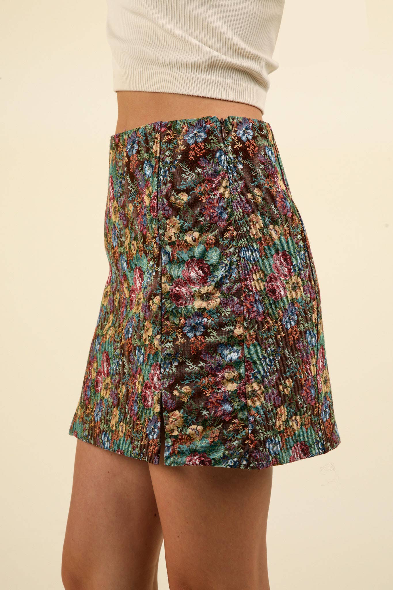 NS50105-Floral Jacquard Fabric Holiday Mini Skirt: BEIGE MIX / S-M-L/2-2-2