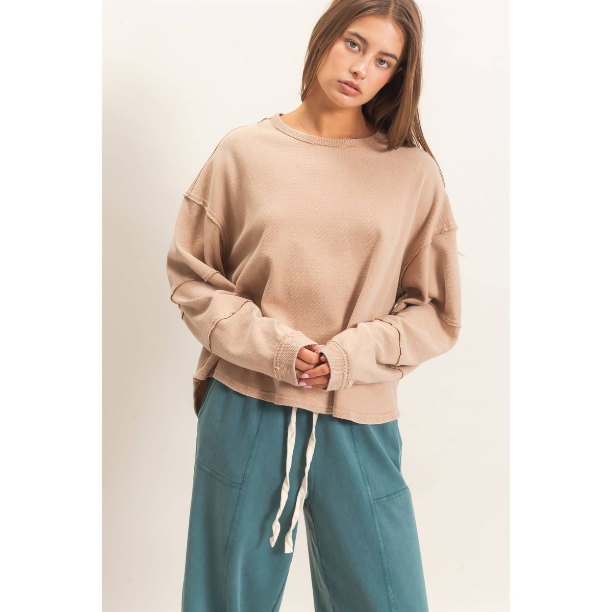 Mineral Wash Overzised Raw Edge Crew Neck Top: DARK RED / S-M-L(2-2-2)