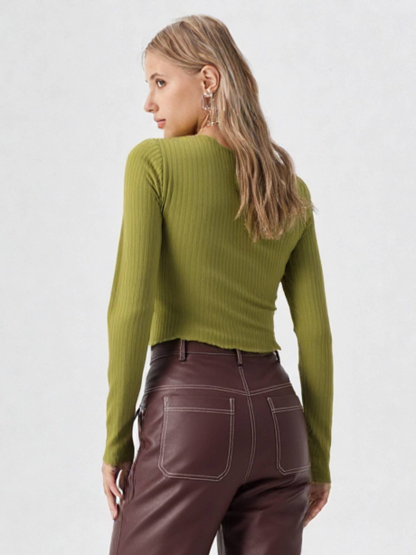VT15148-3-Strap Tie V Neck Crop Top: AVOCADO / S-M-L/2-2-2