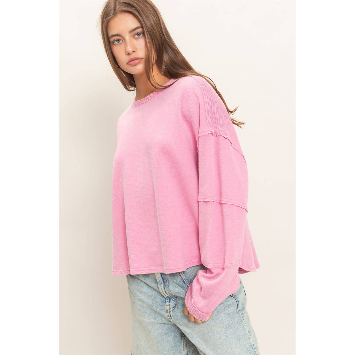 Mineral Wash Overzised Raw Edge Crew Neck Top: DARK RED / S-M-L(2-2-2)