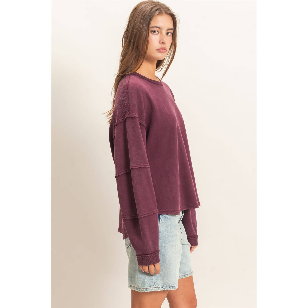 Mineral Wash Overzised Raw Edge Crew Neck Top: DARK RED / S-M-L(2-2-2)