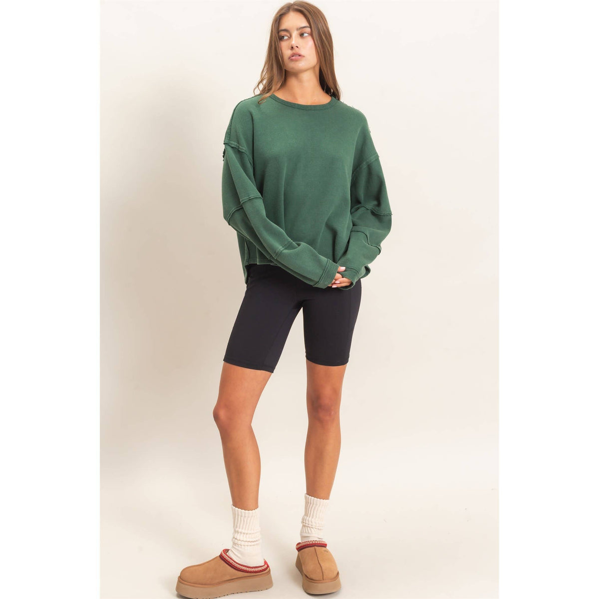 Mineral Wash Overzised Raw Edge Crew Neck Top: DARK RED / S-M-L(2-2-2)
