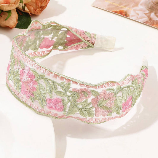 MESH EMBROIDERED FLOWER HEADBAND_CWAHA1651: Green / (OS) 3