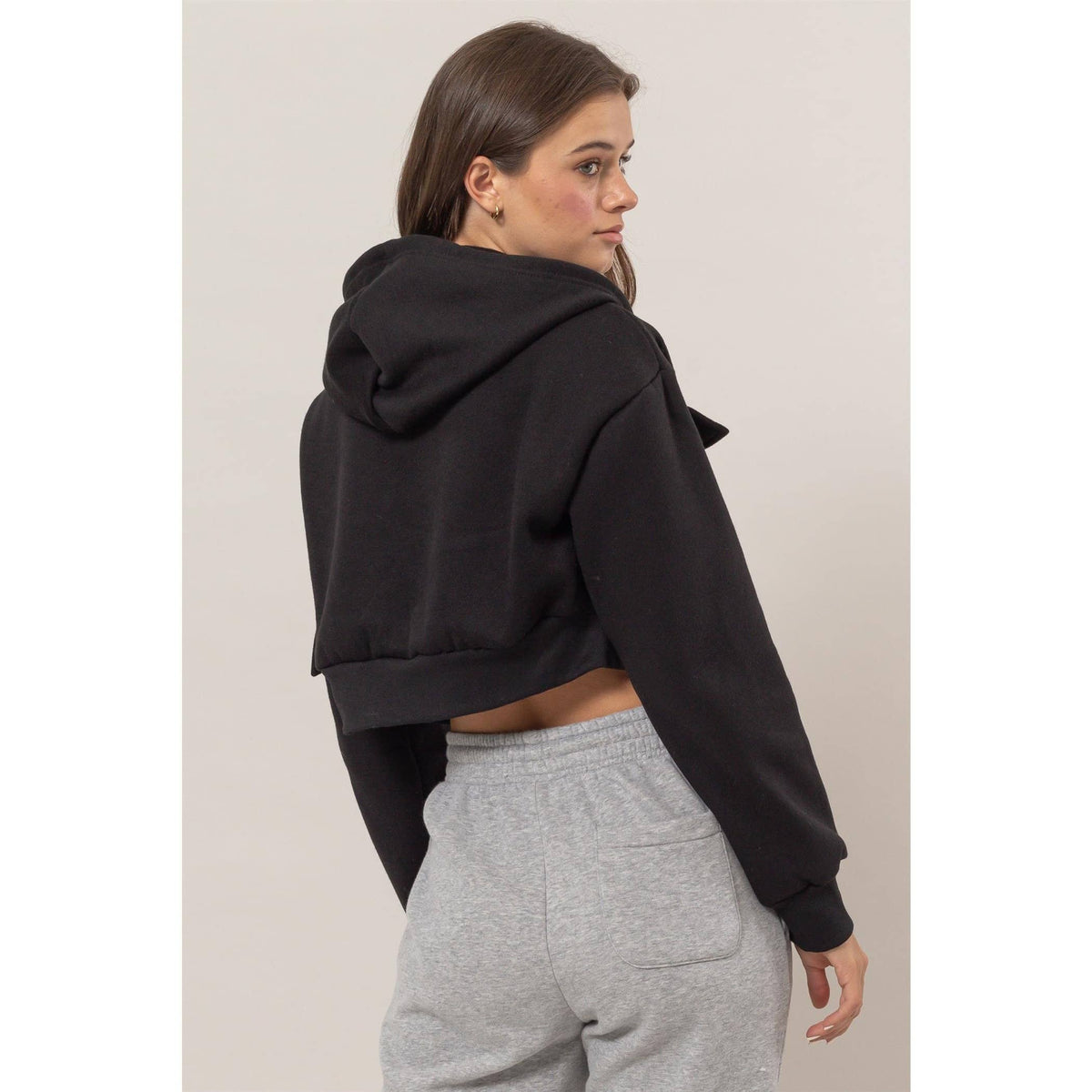 Fleece French Terry Cropped Jacket: BLACK / S-M-L(2-2-2)
