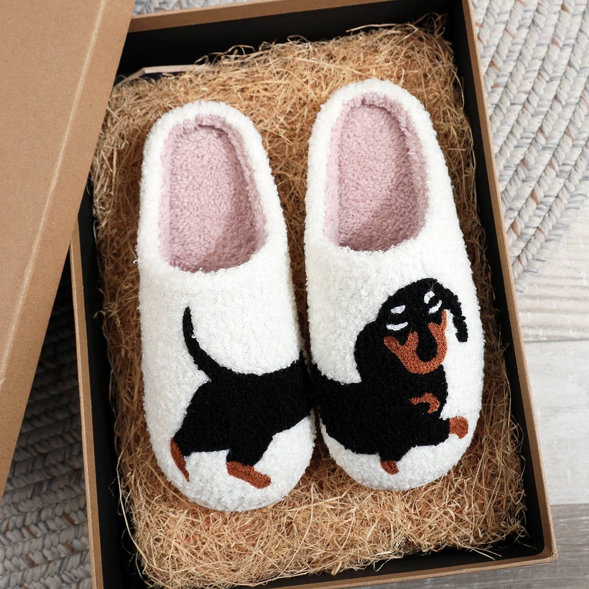 POPULAR DACHSHUND EMBROIDERED COTTON SLIPPERS_CWSHS0769: White / (7) 1