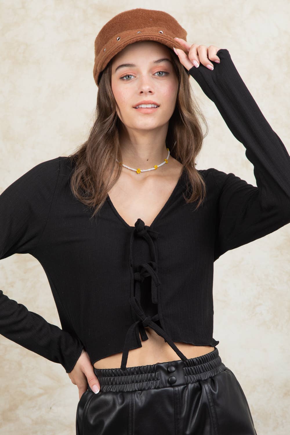 VT15148-3-Strap Tie V Neck Crop Top: AVOCADO / S-M-L/2-2-2