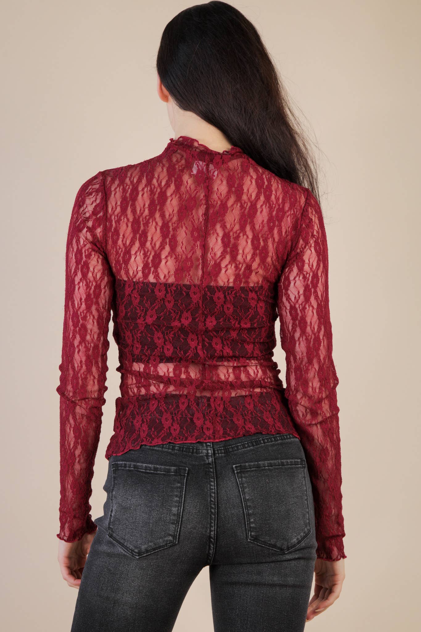 NT12220-High Neck Fitted Sheer Mesh Lace Knit Top: FOREST / S-M-L/2-2-2