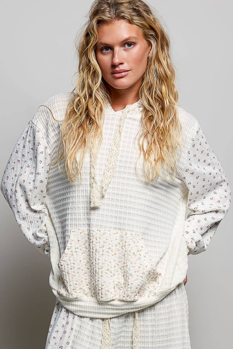 Kangaroo Pocket Mixed Knit Contrast Hooded Pullover SALE: NATURAL MULTI / L