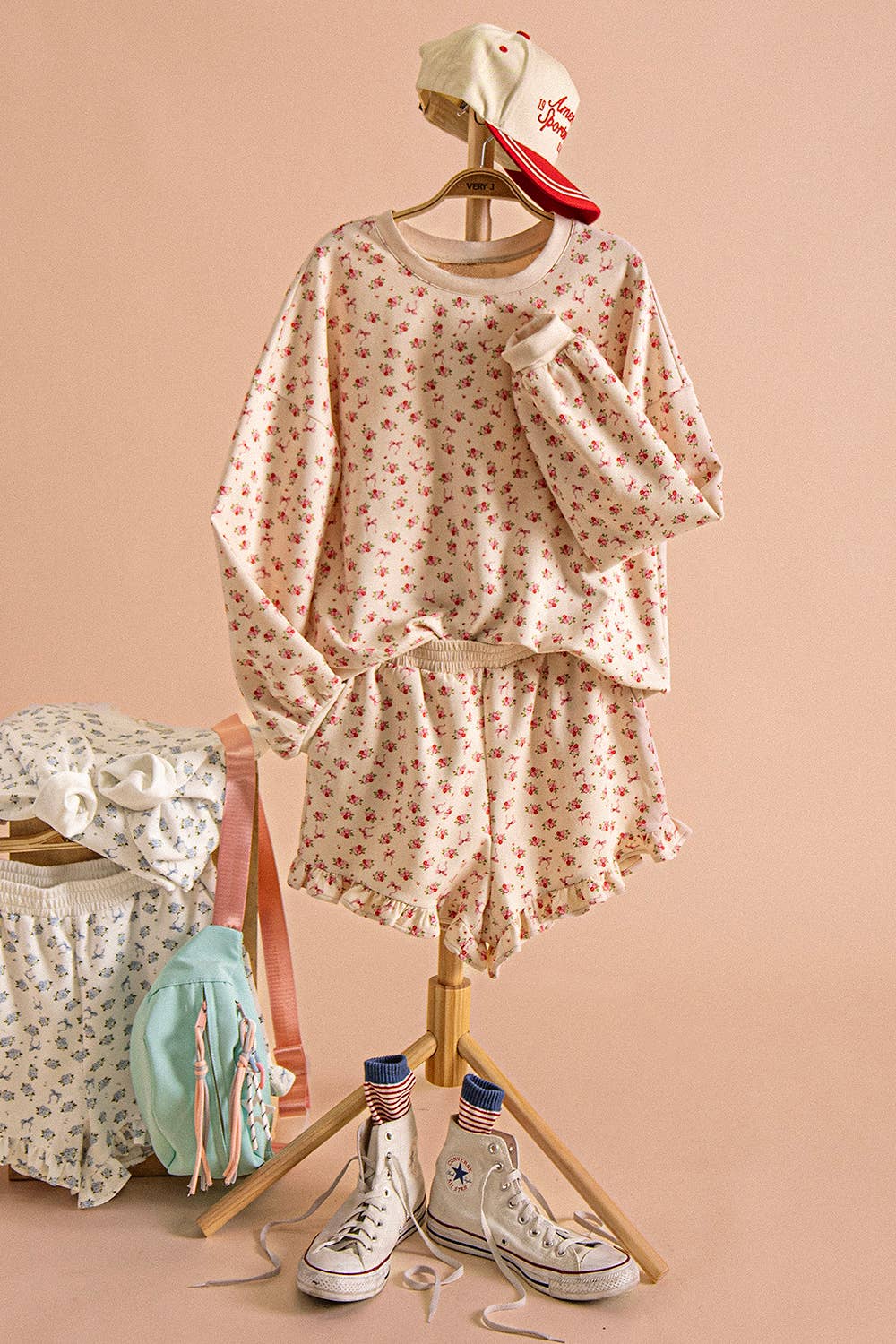 NT12635SET-Floral Printed Knit Comfy Top & Shorts Set: TAUPE FLORAL / S-M-L/2-2-2