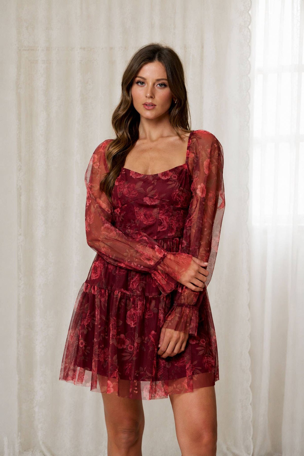 FLORAL CHIFFON LONG SLEEVE CORSET MINI DRESS: BURGUNDY MULTI