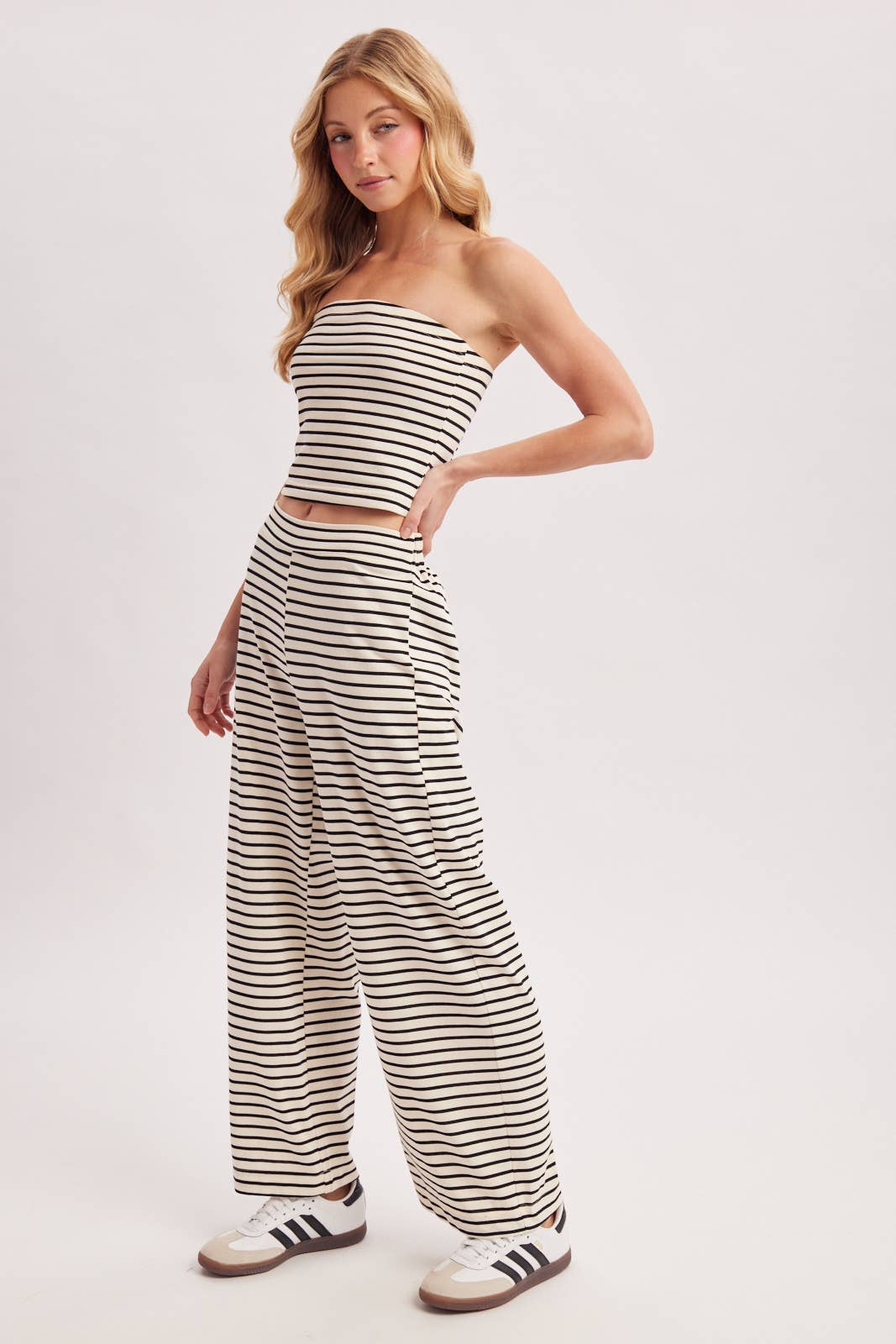 STRIPED KNIT TUBE AND WIDE PANTS SET: MOCHA COMBO / M