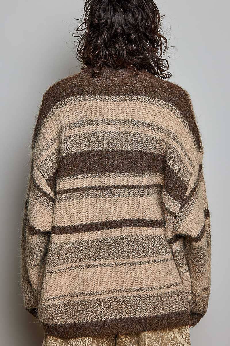 Striped Knit Oversized V-Neck Button Pockets Cardigan SALE: BLACK MULTI / OS