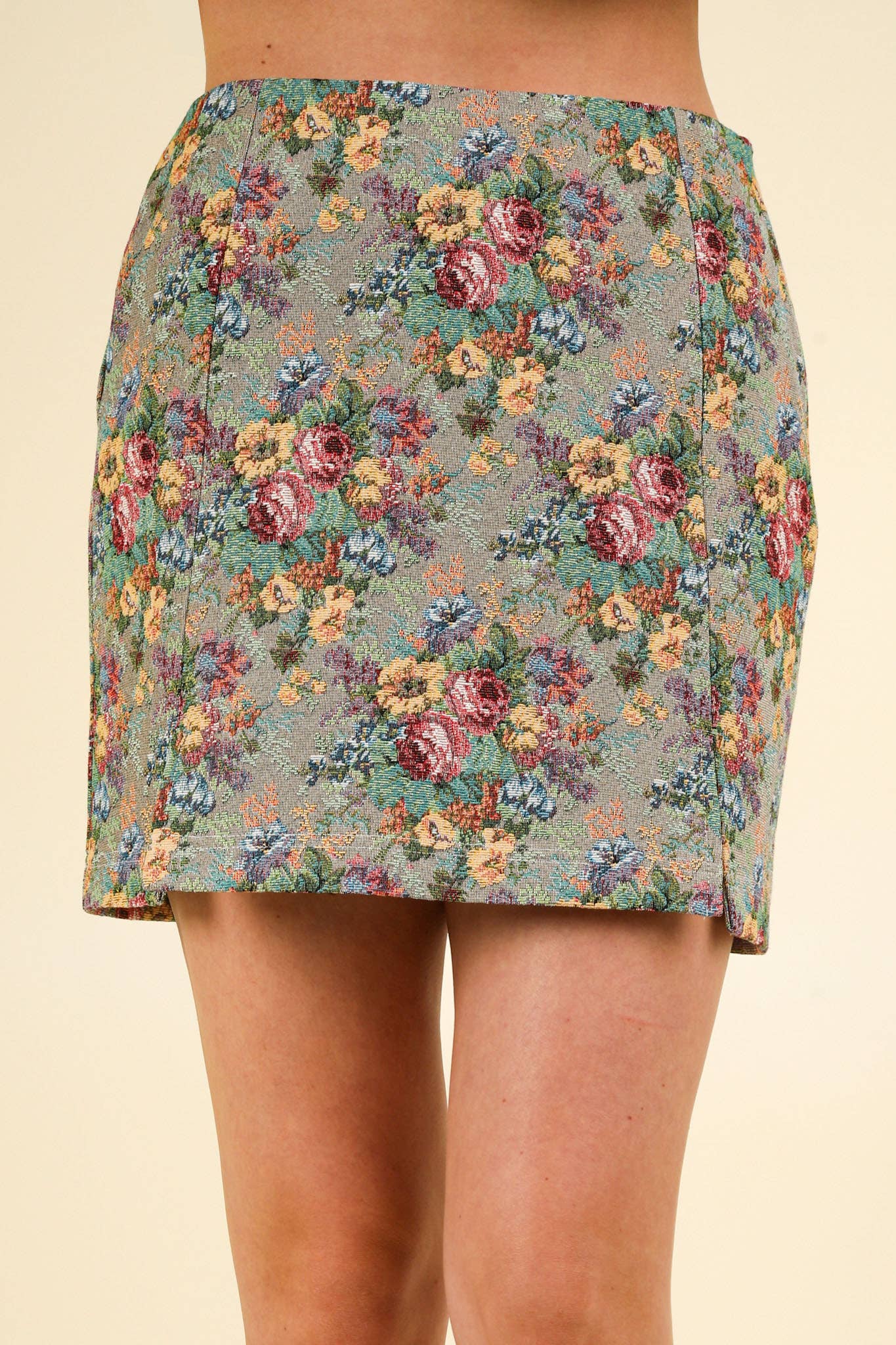 NS50105-Floral Jacquard Fabric Holiday Mini Skirt: BEIGE MIX / S-M-L/2-2-2