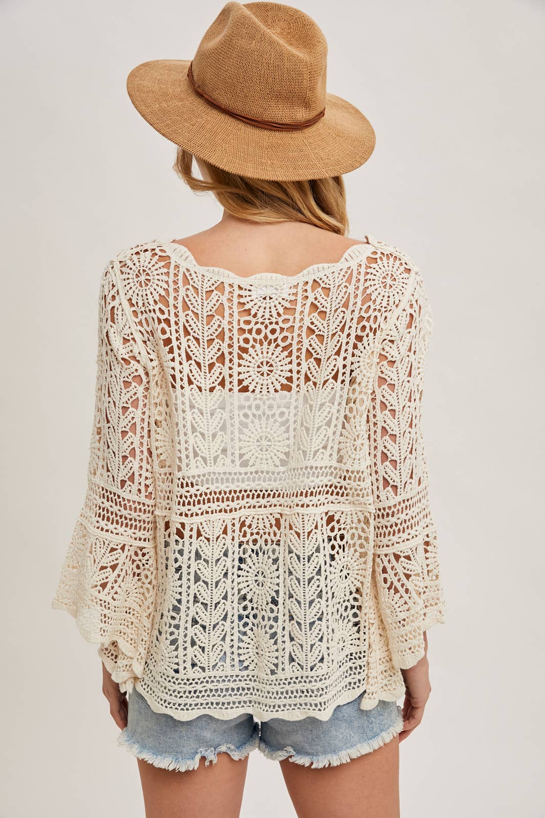 CROCHET SHEER BELL-SLEEVE PULLOVER TOP: NATURAL / M