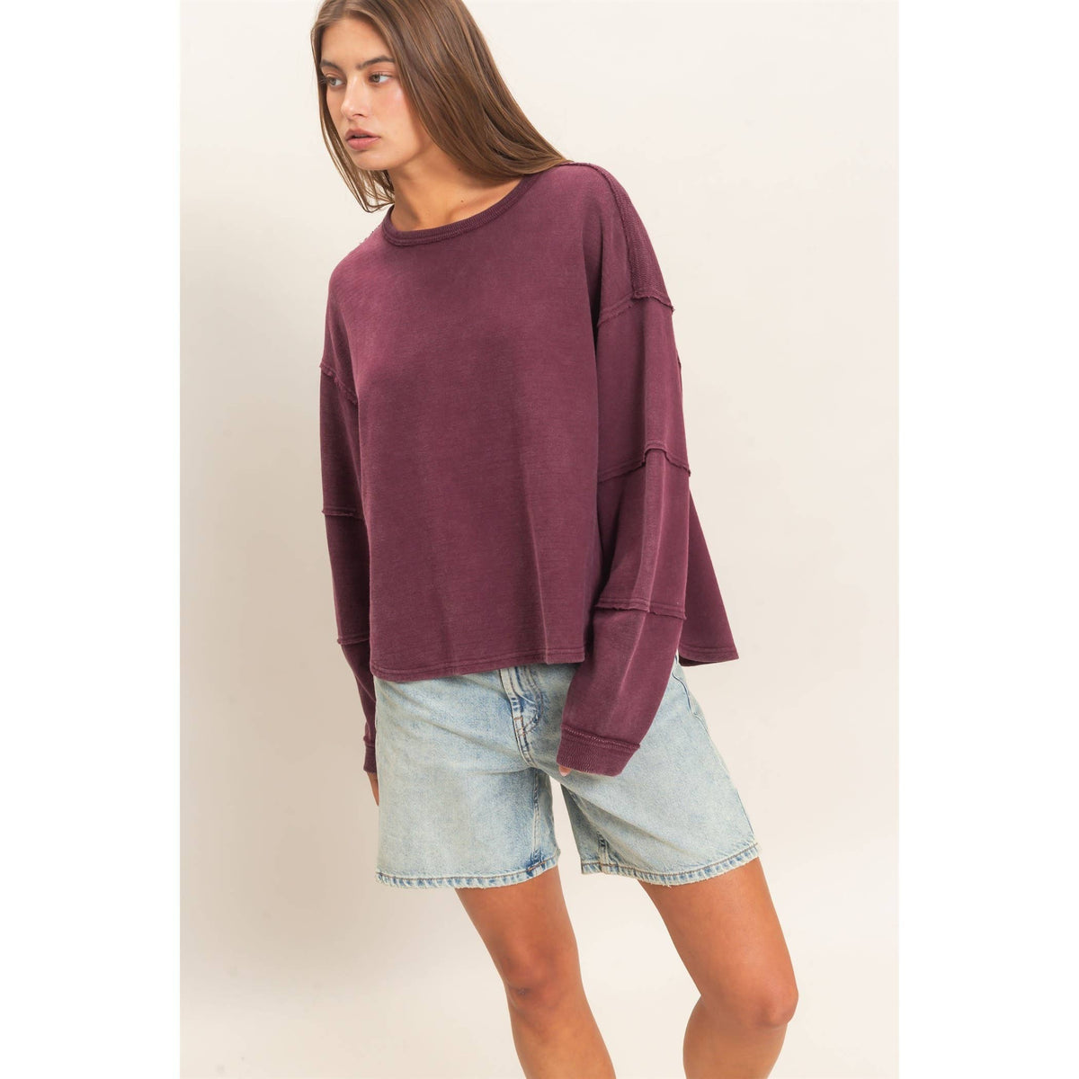 Mineral Wash Overzised Raw Edge Crew Neck Top: DARK RED / S-M-L(2-2-2)
