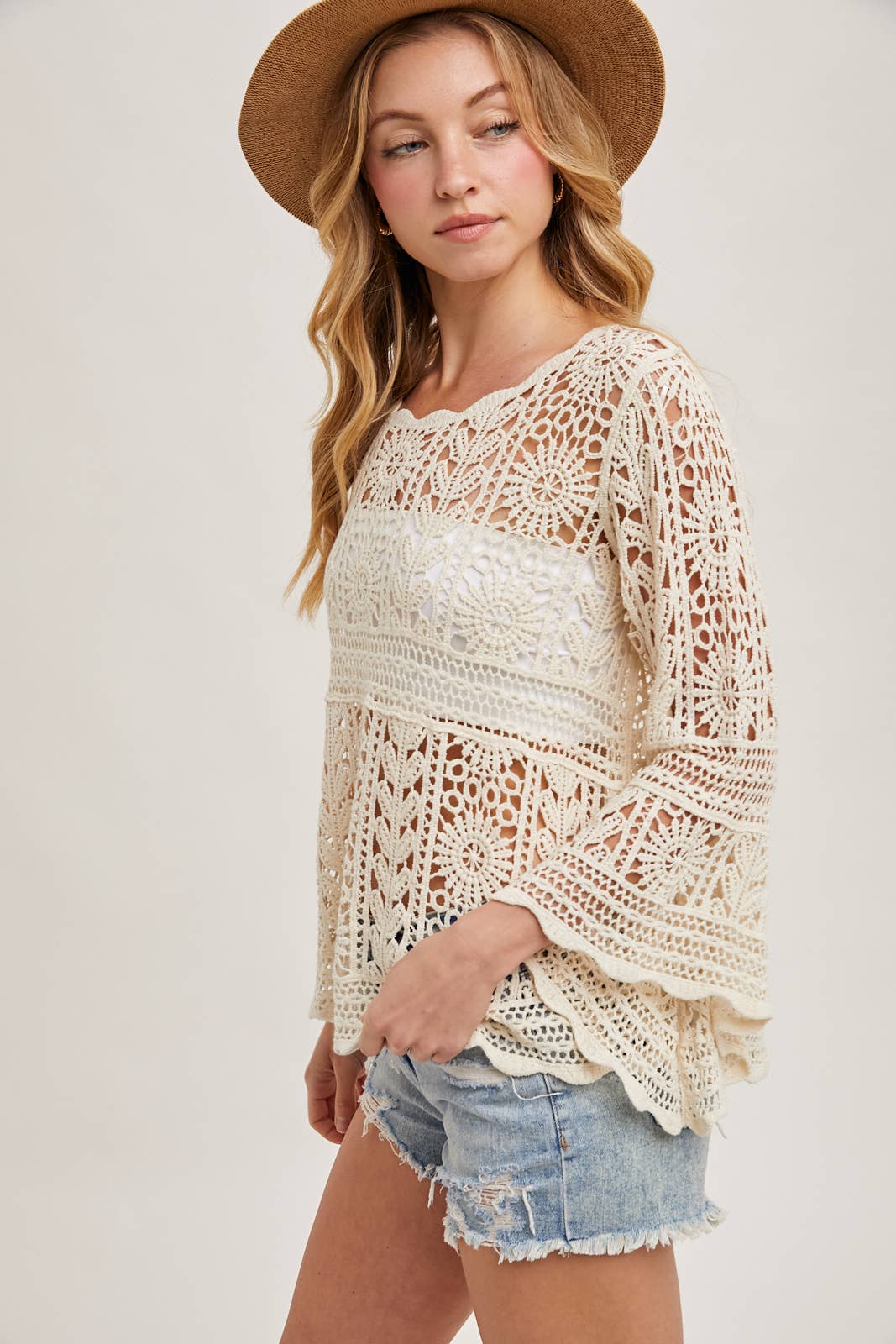 CROCHET SHEER BELL-SLEEVE PULLOVER TOP: NATURAL / L