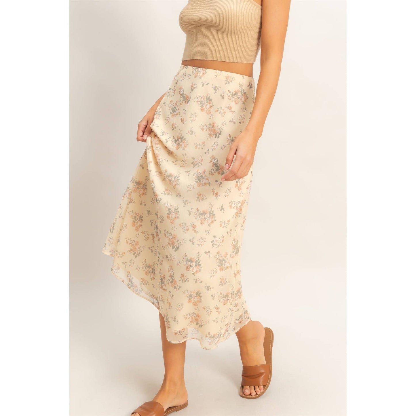 Floral Print Bias Skirt: BROWN / S-M-L(2-2-2)