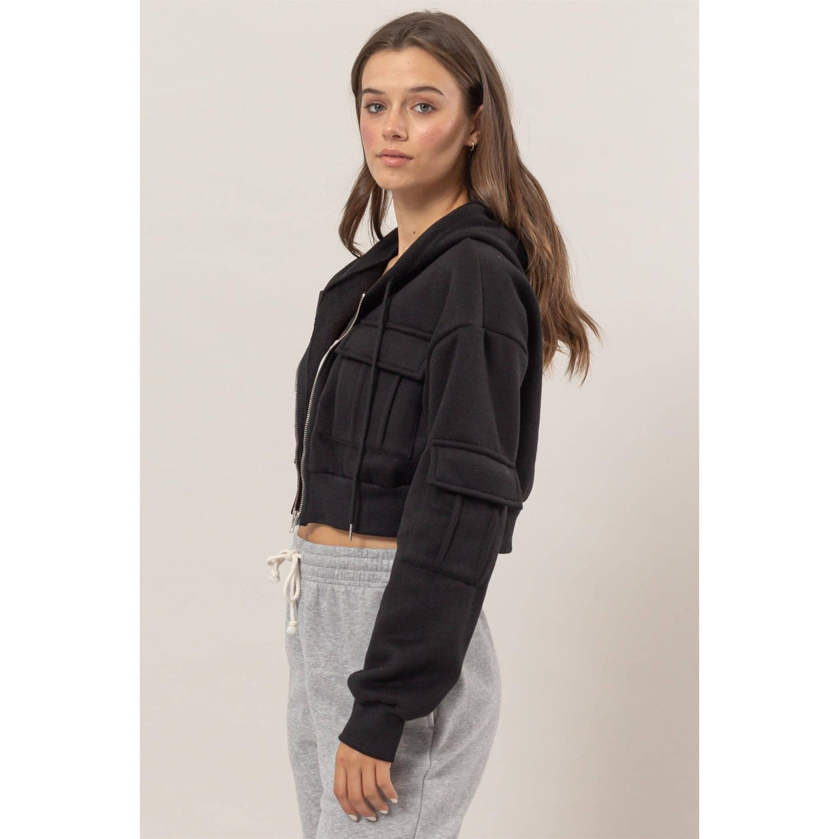 Fleece French Terry Cropped Jacket: BLACK / S-M-L(2-2-2)