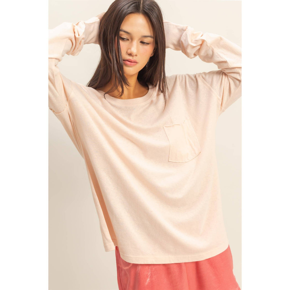 Long Sleeve Pocket T-Shirt: DUSTY PINK / S-M-L(2-2-2)