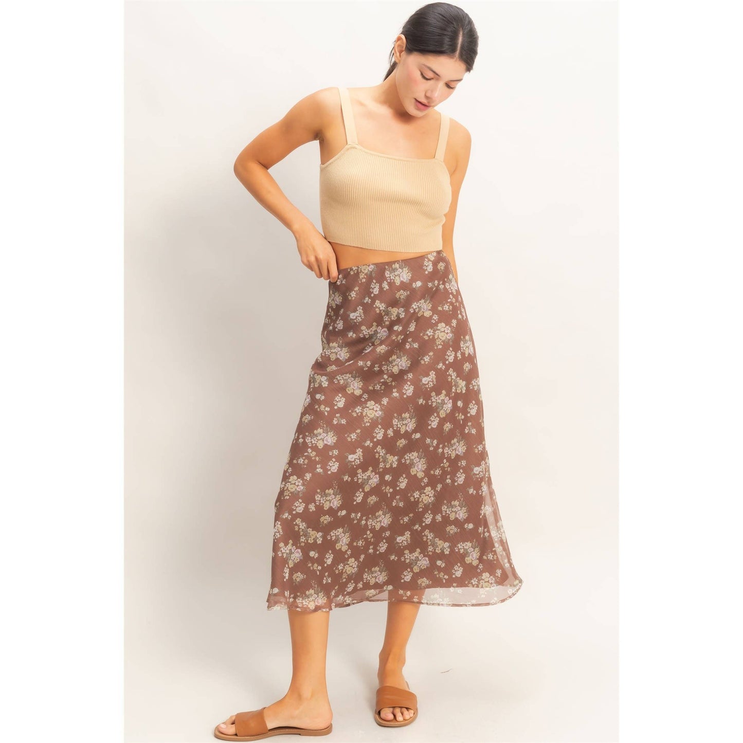 Floral Print Bias Skirt: BROWN / S-M-L(2-2-2)