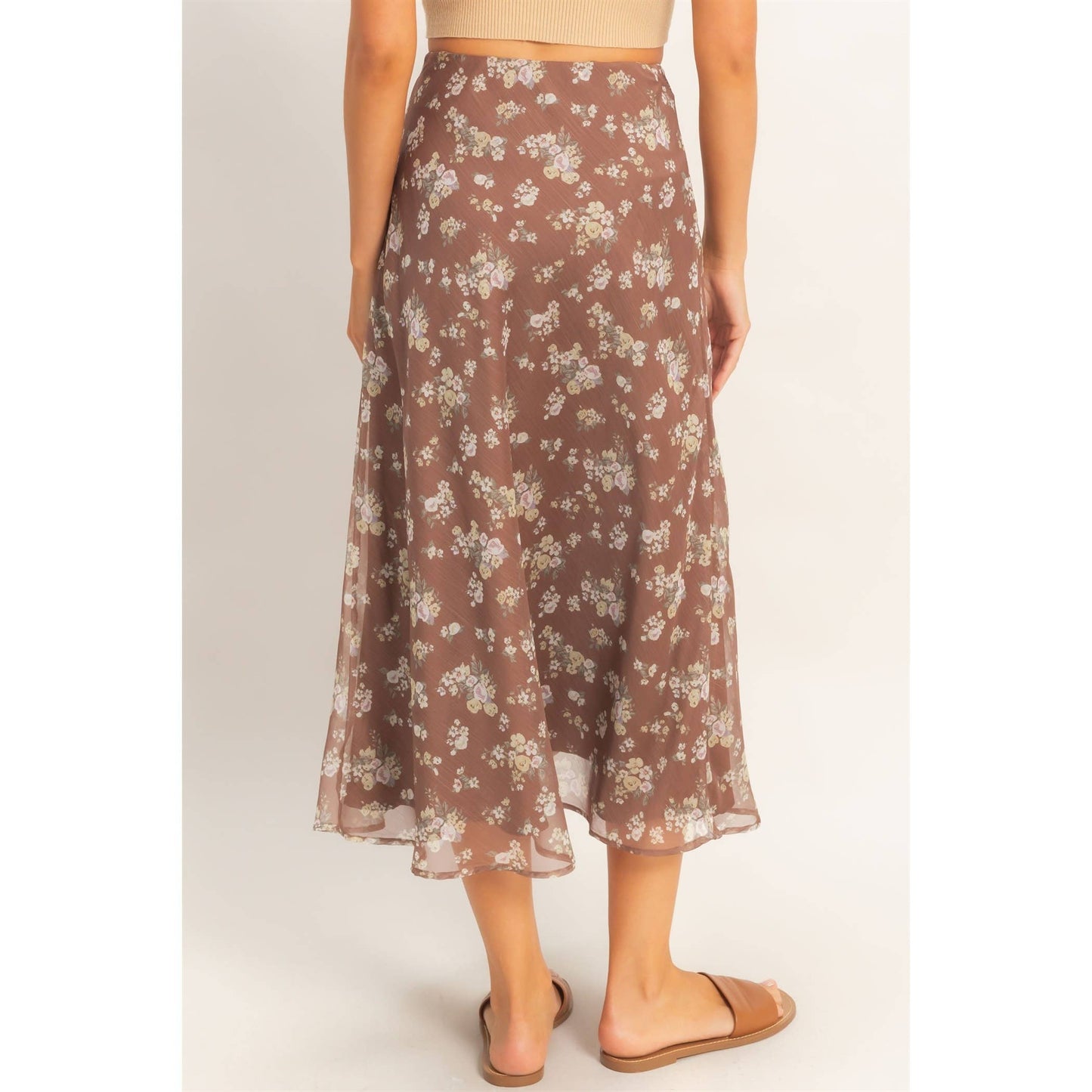 Floral Print Bias Skirt: BROWN / S-M-L(2-2-2)