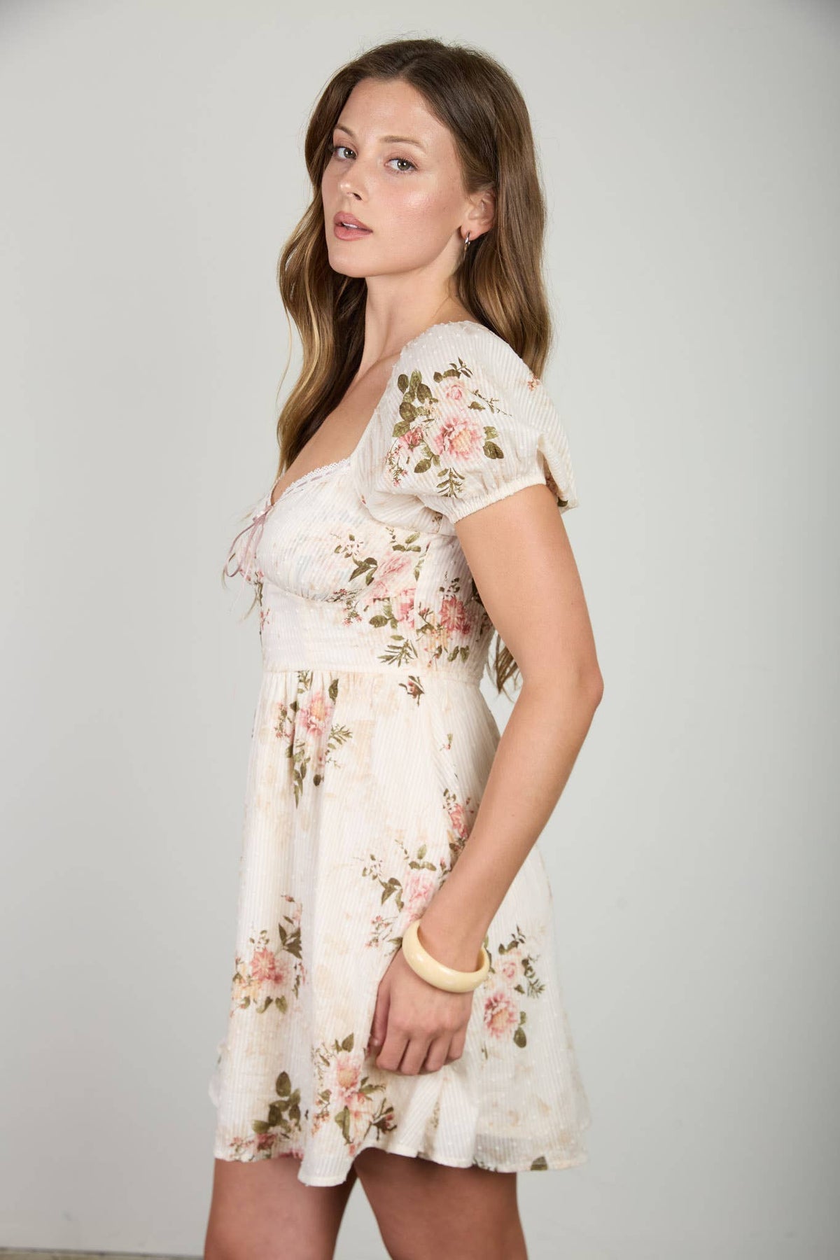 FLORAL STRIPE CLIP DOT SWEETHEART CORSET MINI DRESS : BROWN MULTI