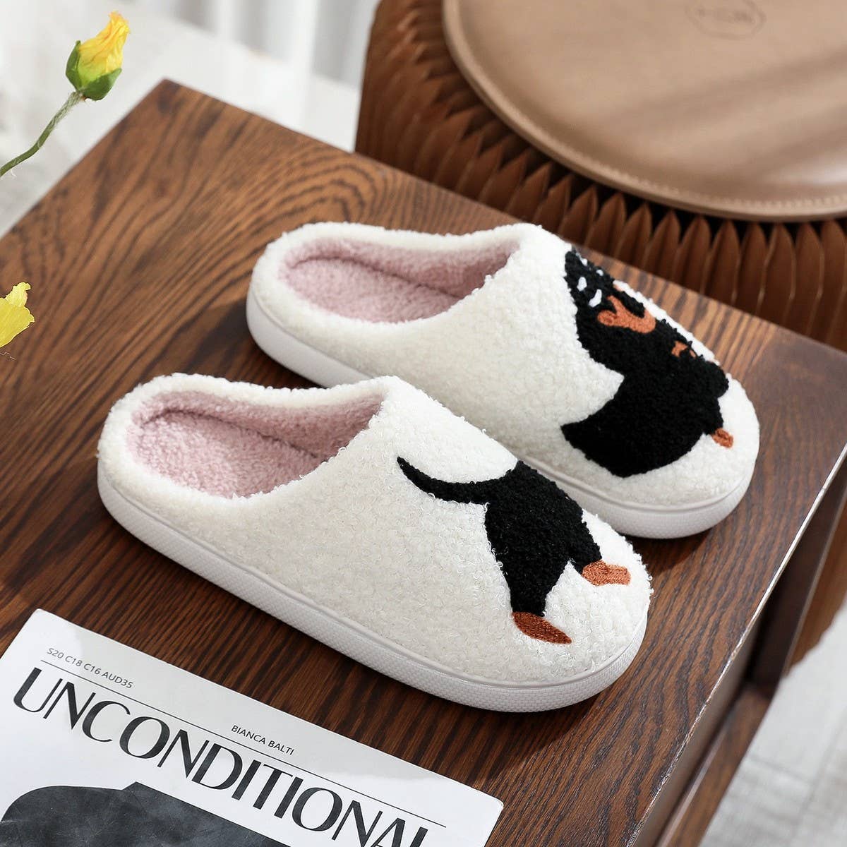 POPULAR DACHSHUND EMBROIDERED COTTON SLIPPERS_CWSHS0769: White / (7) 1